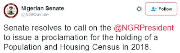 Senate asks Buhari to conduct census in 2018